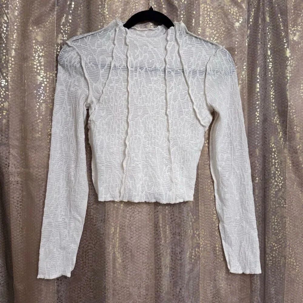 Kimchi Blu Ivory Blair Long Sleeve Lace Mock Neck Sheer Crop Top XS